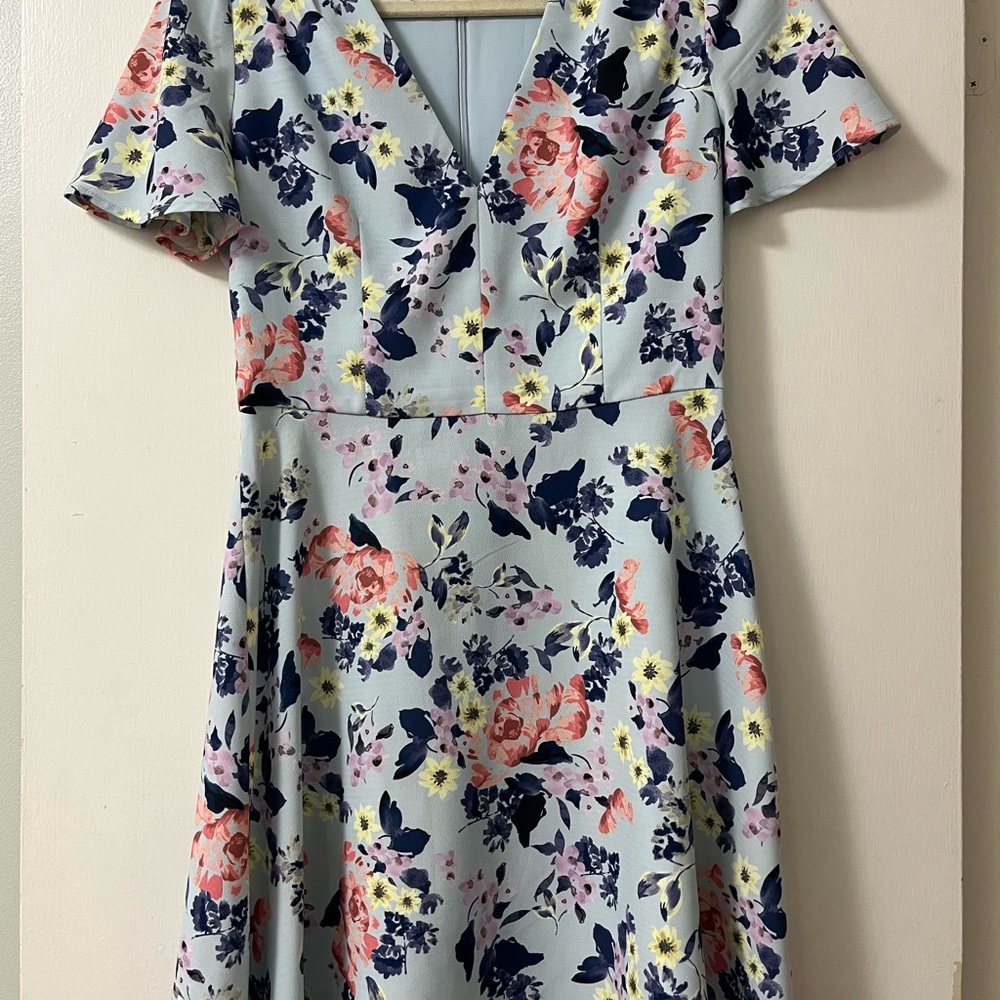 French Connection Pink and Blue Ruffled Tiered Midi Dress